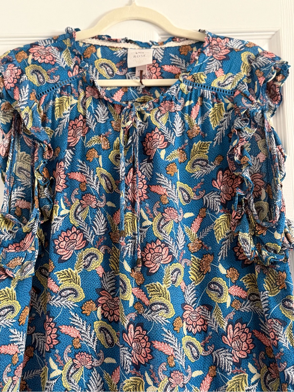 Knox Rose Blue Floral Ruffle Sleeve Tie-Neck Blouse XXL - Picture 5 of 11